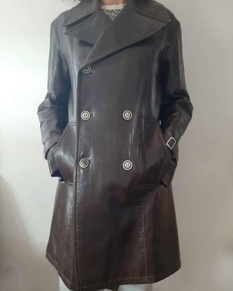 Elegante cappotto lungo in vera pelle marrone