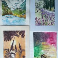 4 ACQUERELLI SU CARTA - FIUME, MONTI,TERRA E MARE