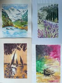 4 ACQUERELLI SU CARTA - FIUME, MONTI,TERRA E MARE