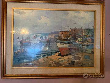 Dipinto Olio su Tela "Marina con Barche di Pescato