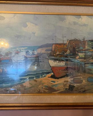 Dipinto Olio su Tela "Marina con Barche di Pescato