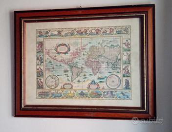 Quadro antica mappa mondo cornice legno 