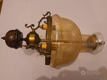 Lampadario tondo lavorato metallo e vetro, 3 luci