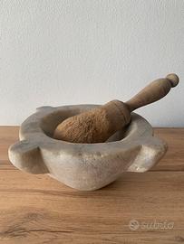 Mortaio vintage marmo con pestello in legno