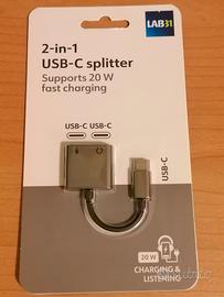 USB-C splitter 2-in-1 audio e ricarica veloce
