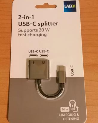 USB-C splitter 2-in-1 audio e ricarica veloce