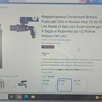 bidone per olio in acciaio con rubinetto 30litri
