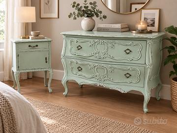 Comò e Comodino  – Stile Shabby Chic Verde Salvia