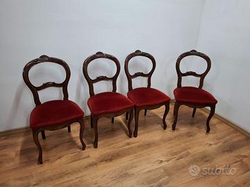 4 Sedie Stile Antico in Legno  Raso Rosso  vintage