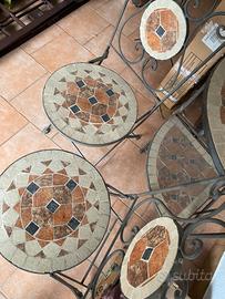 Set 2 sedie e porta vasi ferro battuto e pietra