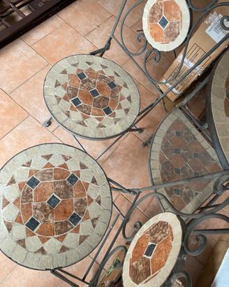 Set 2 sedie e porta vasi ferro battuto e pietra