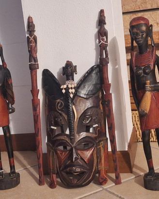Set Coppia statuette Masai + Maschera tribale Masa
