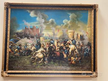 Quadro antico battaglia a cavallo olio su tela