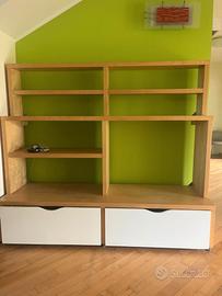 Libreria/Parete attrezzata in legno con cassettoni