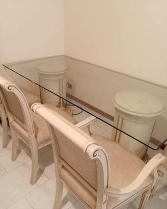 Tavolo in cristallo, 6 sedie e mobile