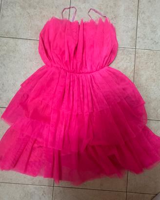 Abito corto in tulle rosa fucsia a balze