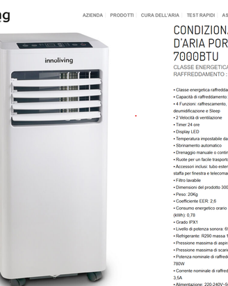 CONDIZIONATORE D'ARIA PORTATILE 7000 BTU INN-520