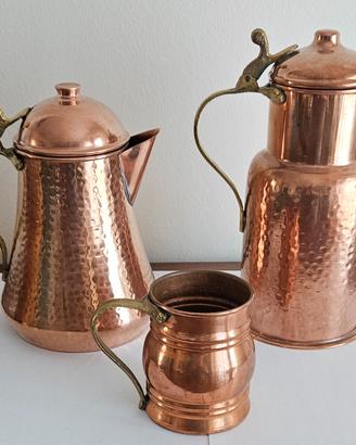 Tris/set in rame  e manici  in ottone/bronzo