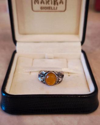 Anello argento antico 925 lavorato con  ambra 