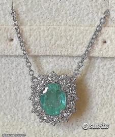 COLLANA ORO BIANCO 18 kt. DIAMANTI E SMERALDO