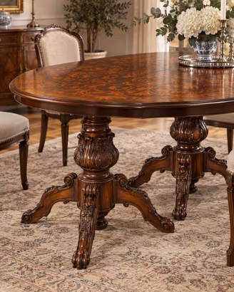 Tavolo ovale vintage intarsiato in legno