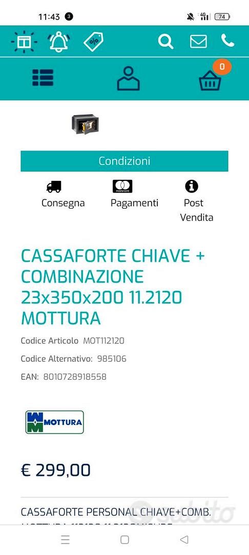 CASSAFORTE CHIAVE + COMBINAZIONE 23x350x200 11.2120 MOTTURA