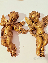 2 angeli dorati vintage scolpiti in legno