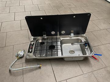 LAVELLO INOX CON PIANO DI COTTURA A GAS 2 FUOCHI