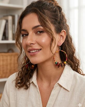 Orecchini a cerchio stile Boho con perline in legn