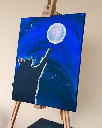 Quadro in acrilico fatto a mano "Gatto e la luna"