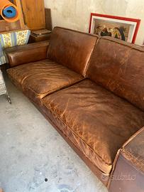 Divano vintage, pelle marrone, 3 posti