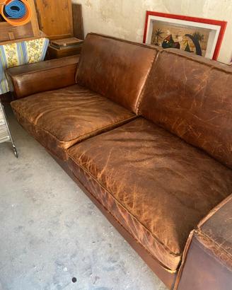 Divano vintage, pelle marrone, 3 posti