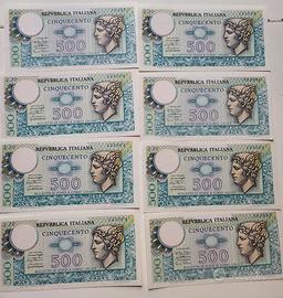 8 banconote da lire 500 nuove