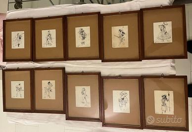 10 Antichi Disegni a china anni 30 incorniciati