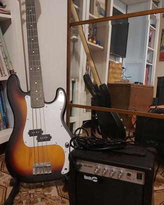 Basso a 4 corde RockJam + supporto + amplificatore