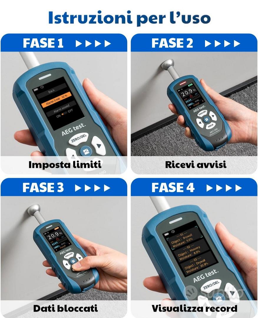 AWT-590 Misuratore Di Umidità Digitale Ricaricabile Senza Puntale – Per Legno, Cartongesso E Muratura, Con Allarme Regolabile E Archiviazione Dati