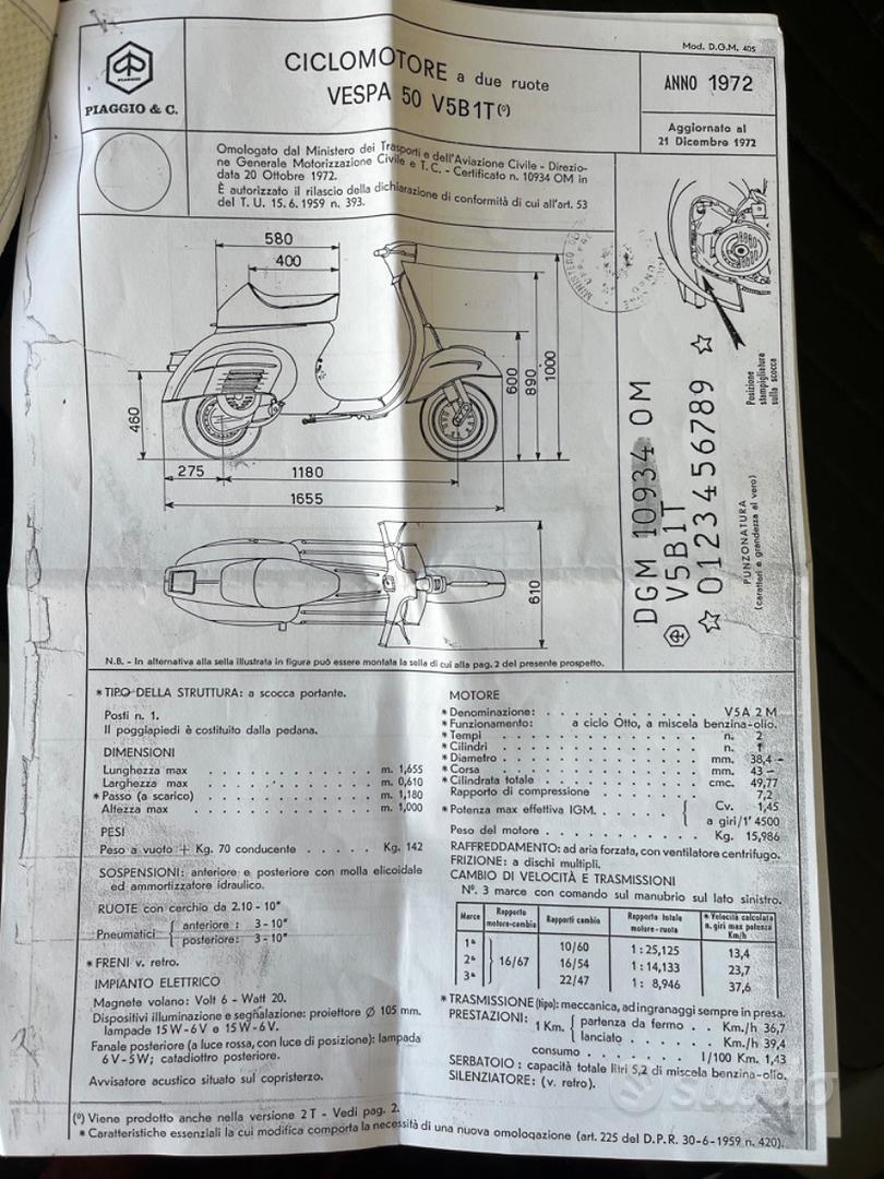 Scheda Tecnica Numero Telaio Vespa V5a1t Vespa 50 Special V5a1t
