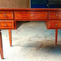 Scrivania antica legno pelle 5 cassetti con insert