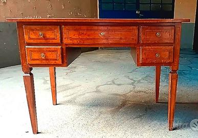 Scrivania antica legno pelle 5 cassetti con insert