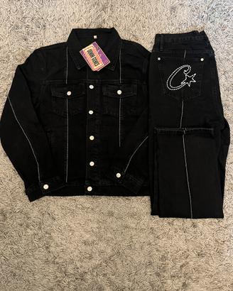 Completo jeans corteiz nero uomo