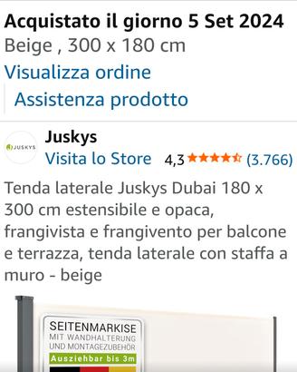 tenda estraibile laterale cm 300x 180
