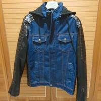 Giubbino metà jeans e metà pelle con cappuccio