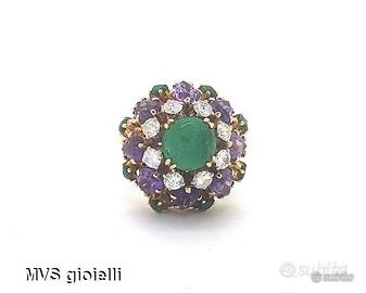 Anello con diamanti, smeraldi e ametiste