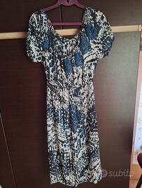 Abito lungo Ragno bianco nero e blu con rose blu