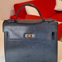 Borsa stile Birkin, tipo Kelly,  pelle blu scuro