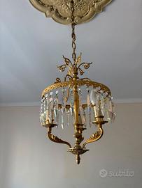 Lampadario vintage dorato con pendenti cristallo