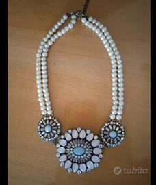 Collana donna pietre e perline bianca e rosa