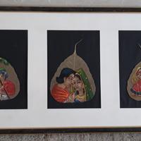 Quadro artistico indiano con foglie dipinte a mano