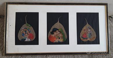 Quadro artistico indiano con foglie dipinte a mano