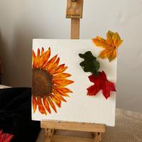 Giarasole con applicazione di foglie Olio su Tela